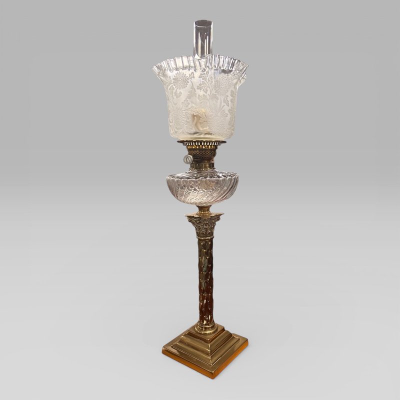 Antique Victorian Duplex Etched Glass Tulip Shade Oil Lamp With Brass Column - Image 4